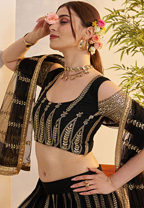 Embroidered Net Lehenga in Black