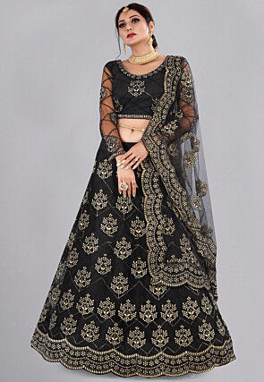 Embroidered Net Lehenga in Black