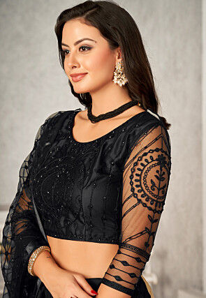 Embroidered Net Lehenga in Black