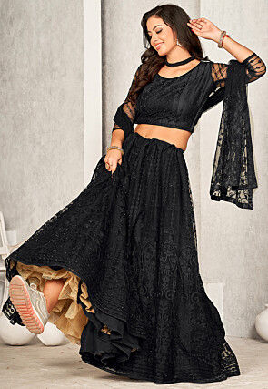 Embroidered Net Lehenga in Black