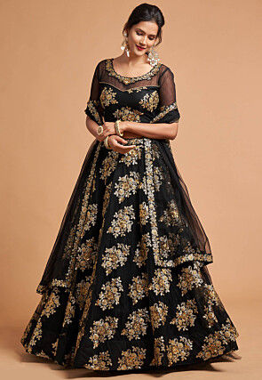 Embroidered Net Lehenga in Black
