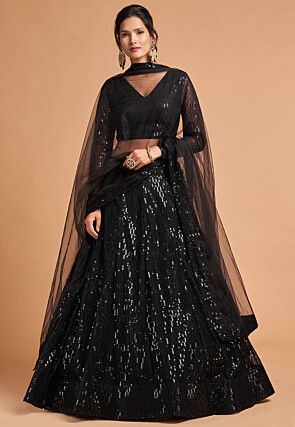 Embroidered Net Lehenga in Black
