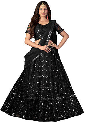 Embroidered Net Lehenga in Black