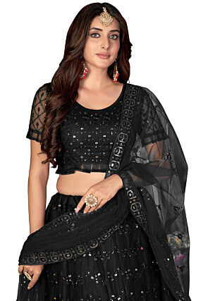 Embroidered Net Lehenga in Black
