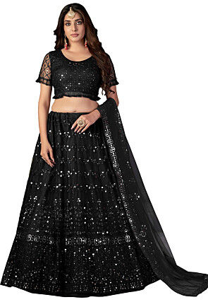 Embroidered Net Lehenga in Black