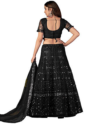 Embroidered Net Lehenga in Black