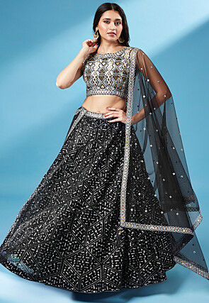 Midnight blue lehenga with silver cutdana blouse set available only at IBFW