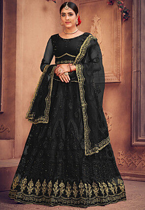 Embroidered Net Lehenga in Black