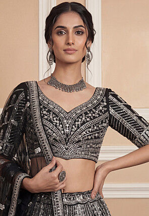 Embroidered Net Lehenga in Black