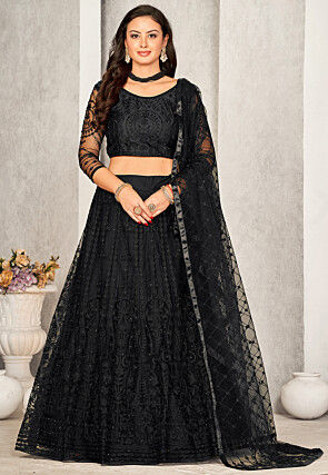 Embroidered Net Lehenga in Black