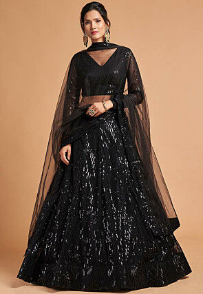 Embroidered Net Lehenga in Black