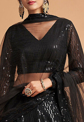 Embroidered Net Lehenga in Black