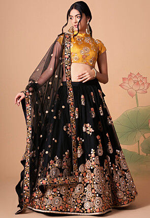 Embroidered Net Lehenga in Black