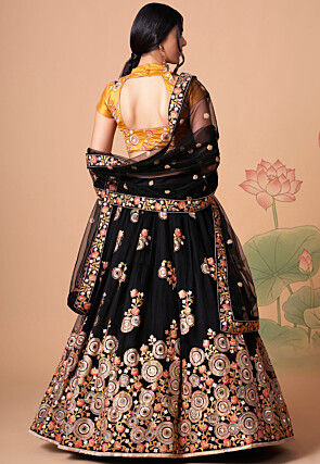 Embroidered Net Lehenga in Black