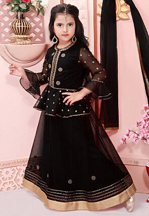 Embroidered Net Lehenga in Black