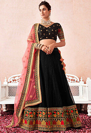 Embroidered Net Lehenga in Black