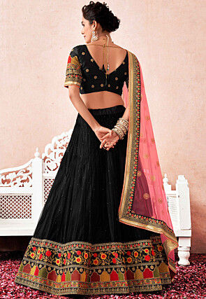 Embroidered Net Lehenga in Black