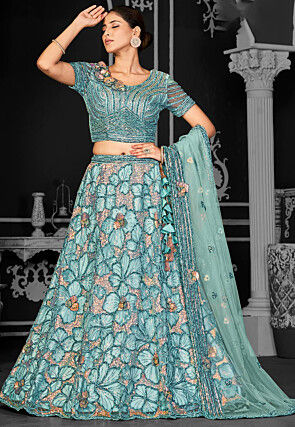 Embroidered Net Lehenga in Blue
