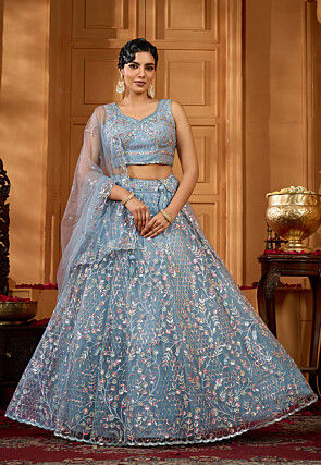 Embroidered Net Lehenga in Blue