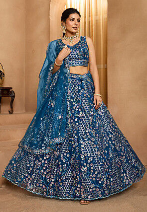 Embroidered Net Lehenga in Blue