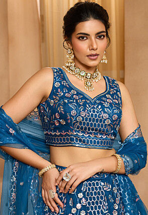 Embroidered Net Lehenga in Blue