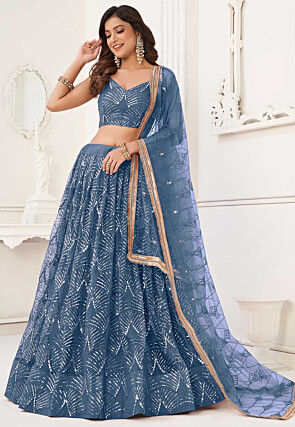 Embroidered Net Lehenga in Blue