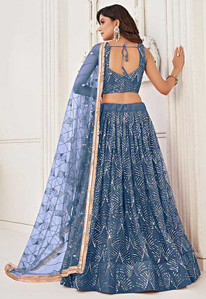 Embroidered Net Lehenga in Blue