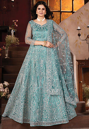 Embroidered Net Lehenga in Blue