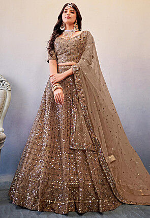 Embroidered Net Lehenga in Brown
