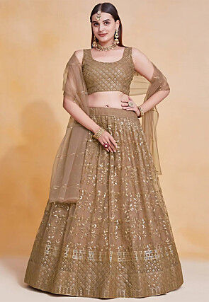 Embroidered Net Lehenga in Brown