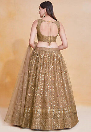Embroidered Net Lehenga in Brown