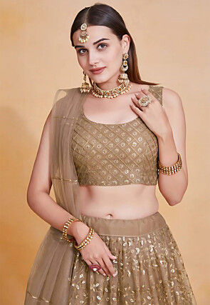 Embroidered Net Lehenga in Brown