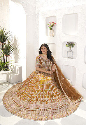 Embroidered Net Lehenga in Brown