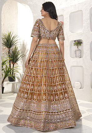 Embroidered Net Lehenga in Brown