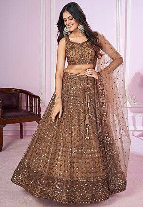 Embroidered Net Lehenga in Brown