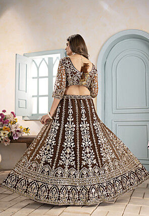 Embroidered Net Lehenga in Brown