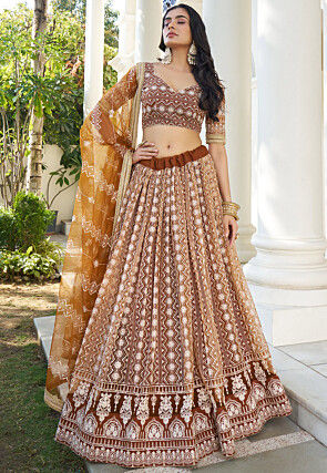 Embroidered Net Lehenga in Brown