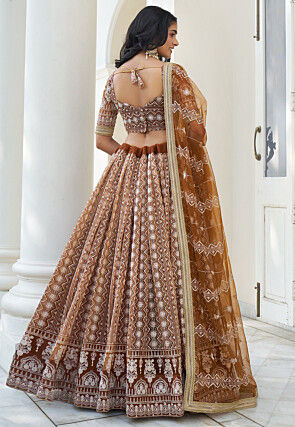 Embroidered Net Lehenga in Brown
