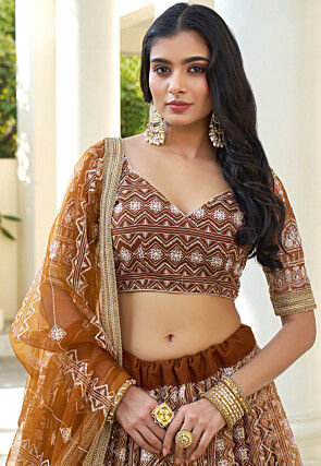 Embroidered Net Lehenga in Brown