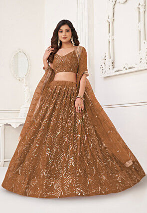 Embroidered Net Lehenga in Brown