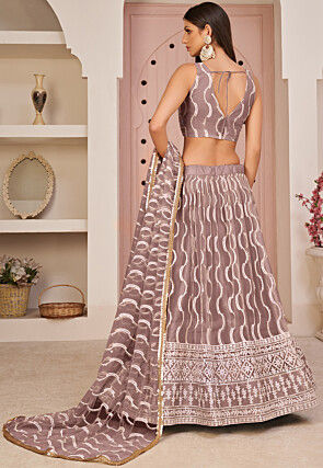 Embroidered Net Lehenga in Brown