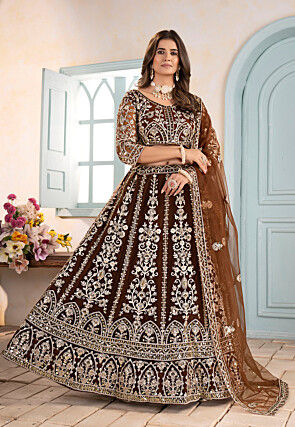 Embroidered Net Lehenga in Brown