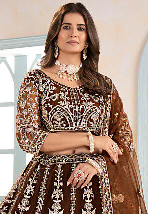 Embroidered Net Lehenga in Brown