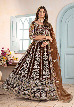 Embroidered Net Lehenga in Brown
