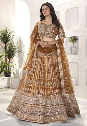 Embroidered Net Lehenga in Brown