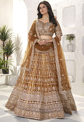 Embroidered Net Lehenga in Brown