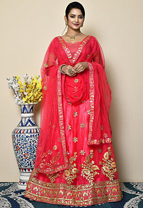 Embroidered Net Lehenga in Coral Pink