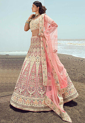 Embroidered Net Lehenga in Cream and Pink
