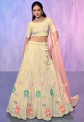 Embroidered Net Lehenga in Green Ombre