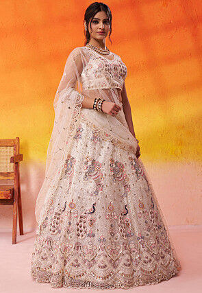 Embroidered Net Lehenga in Cream
